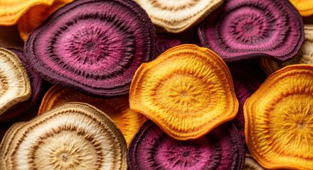 Close up of vibrant sliced beetroot chips with varied colors