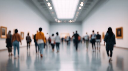 Fototapeta premium Blurred view of people walking through an art gallery