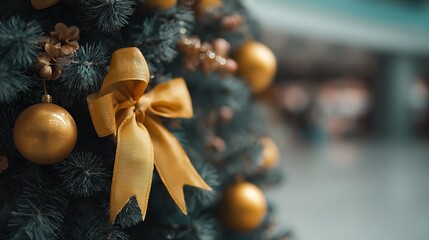 A close up of a christmas tree decorated with golden ornaments and a gold bow
