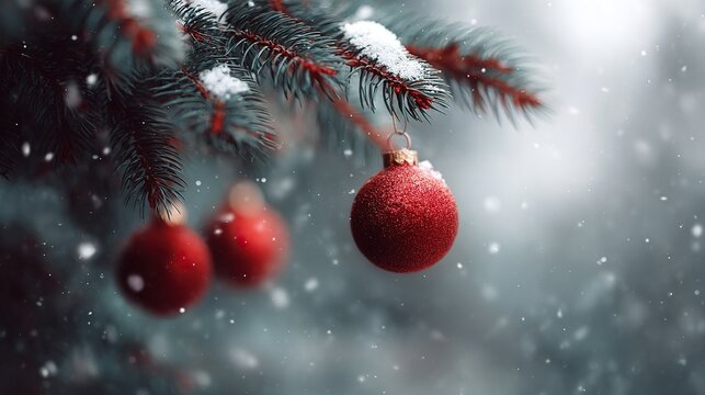 Red christmas ornaments on snow-covered fir tree branches during snowfall - Powered by Adobe