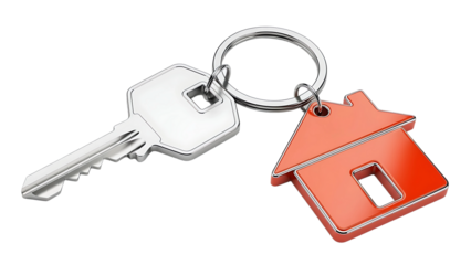 A key and house shaped keyring on transparent background