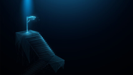Staircase up with a flag. Digital success. Business success. Polygonal and wireframe glowing style