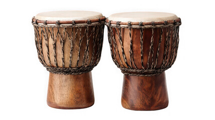 Two traditional wooden djembe hand drum percussion instruments isolated on transparent background