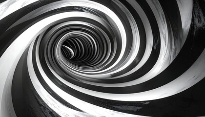 Hypnotic black and white spiral tunnel receding into the distance, creating an illusion of depth and movement