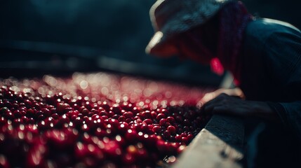 A farmer in a straw hat carefully inspects a large batch of freshly harvested red coffee cherries under natural light.
