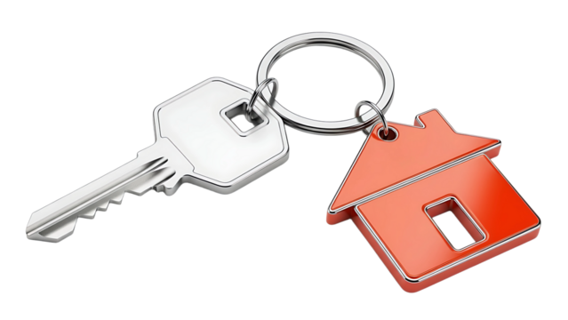 A key and house shaped keyring on transparent background - Powered by Adobe
