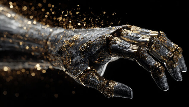 Futuristic robotic hand with digital particles and technological design.