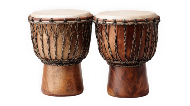 Two traditional wooden djembe hand drum percussion instruments isolated on transparent background - Powered by Adobe