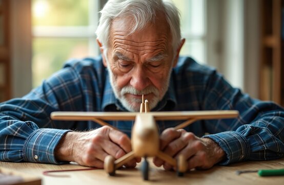 Elderly man builds wooden model plane. Carefully inspects handmade aircraft structure. Hobby involves crafting intricate details at home. Looks concentrated, passionate about woodworking project in
