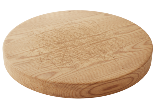 A round wooden cutting board with visible knife marks, scratches, and natural grain, isolated on a transparent background with soft shadow and copy space. Concept of practical kitchen authenticity