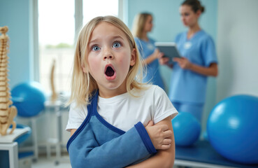 Little blonde girl wears blue arm sling at rehab clinic. Surprised, scared face with wide open mouth looking up. Young patient visits doctor. Medical staff works in background with exercise balls,