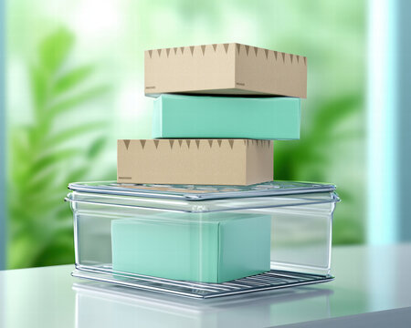Stacked gift box and glass container on reflective surface, soft natural light and green background