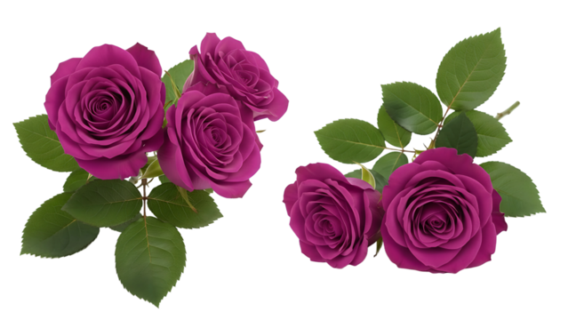 Two bunches of purple roses on transparent background