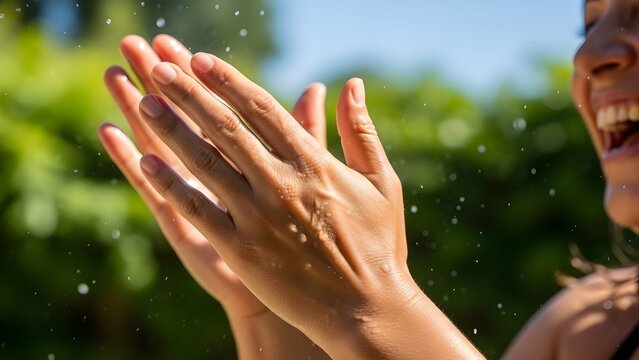 Clapping hands mid laughter, natural sunlight, vibrant outdoor setting. 
