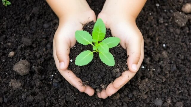 Close-up of youthful sprout being protected by hands in dark earth, representing nurturing and sustainable nature