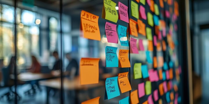 Agile methodologies and software development planning with sticky notes on glass wall