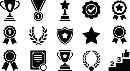 A wide array of fifteen black silhouette icons illustrating various symbols of awards, victory, and accomplishment