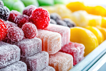 Frozen fruit cubes and raspberries in colorful rows, frosty texture and vibrant summer colors evoke freshness and appetite