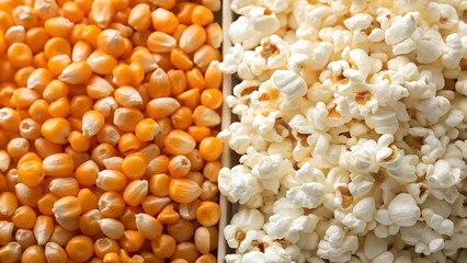 Delicious snack a vibrant contrast of golden raw popcorn kernels and light, airy popped popcorn ready for a movie night
