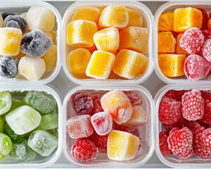 Frozen fruit cubes and berries in plastic containers, colorful frosty mango, raspberry, kiwi and mixed fruit bite selection