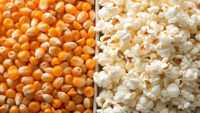 Delicious snack a vibrant contrast of golden raw popcorn kernels and light, airy popped popcorn ready for a movie night