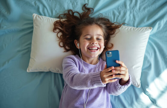 Young girl lies on bed with earphones and smartphone. She happily takes selfie video call or watches content. Child enjoys wireless audio and digital device. - Powered by Adobe