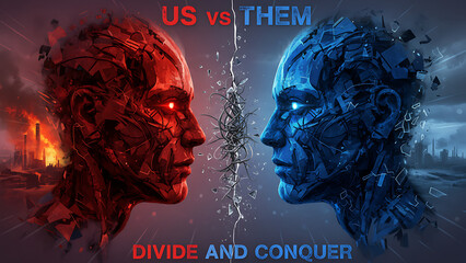 Two faces in red and blue symbolize political polarization and social division 30609856 1