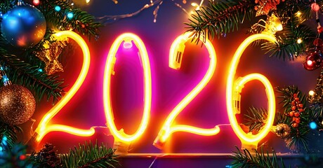 Bright neon digits display year 2026. Festive evergreen boughs, ornaments surround numbers. Holiday celebration imagery.