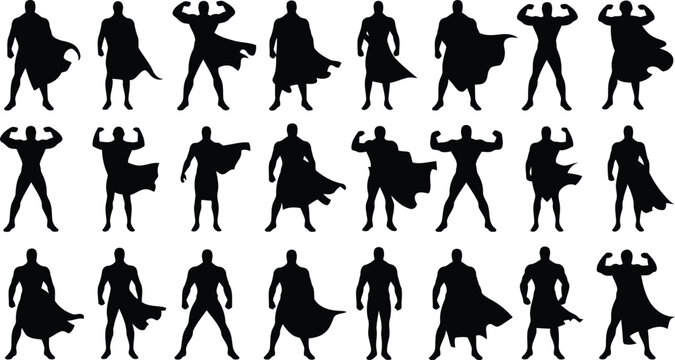 An array of powerful male superhero silhouettes showcasing dynamic poses and dramatic flowing capes on white
