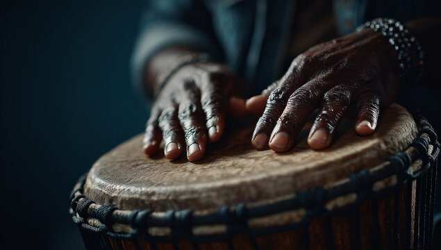 Close-up of hands playing a djembe drum with rhythm.