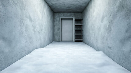 Obraz premium Cold concrete storage room with metal door and empty shelf conveying isolation and minimalism
