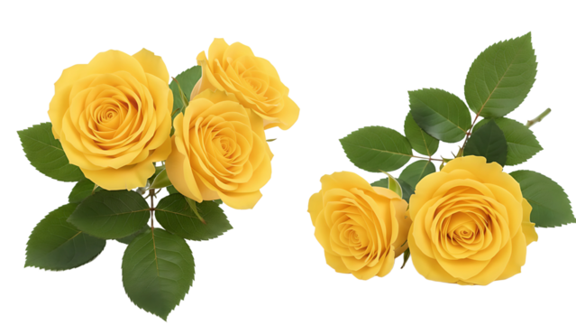 Two clusters of vibrant yellow roses and green leaves on transparent background