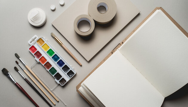 Inspiring artist's workspace with watercolor paints, brushes, paper, and an open sketchbook ready for creative expression and artistic exploration