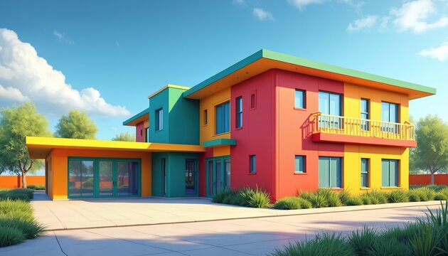 Bright modern building features vivid red, yellow, teal colors on sunny day. Architectural design includes large windows, balcony, neat landscaping. Cheerful structure suggests inviting atmosphere