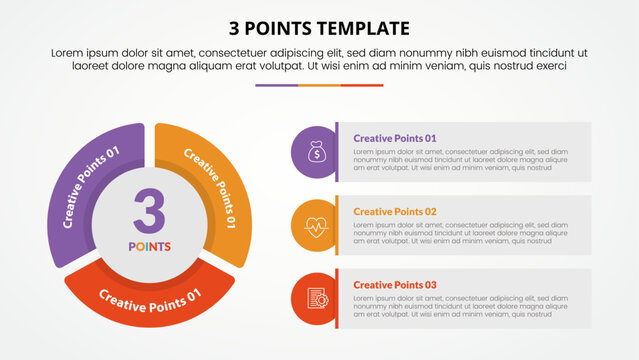 3 points stage template infographic concepts for slide presentation with big pie chart shape and round rectangle box with 3 points list with flat style, circular connection diagram with creative point