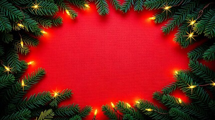 Christmas wreath and fir branch frame decorated with red ribbon, cones, and red holiday balls