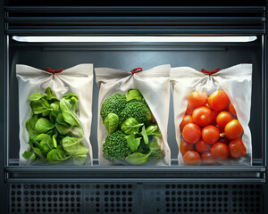 Leafy green lettuce broccoli cherry tomato reusable produce bag mesh bag refrigerator shelf fresh vegetable grocery storage healthy food organic