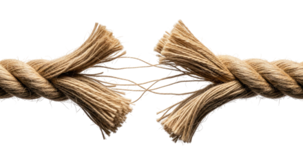 Broken Rope Under Tension With Fraying Fiber Details, Cut Out, Clipping Path, Isolated on a Transparent PNG Background.