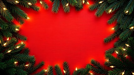 Red Christmas background with decorated tree branches and festive ornaments