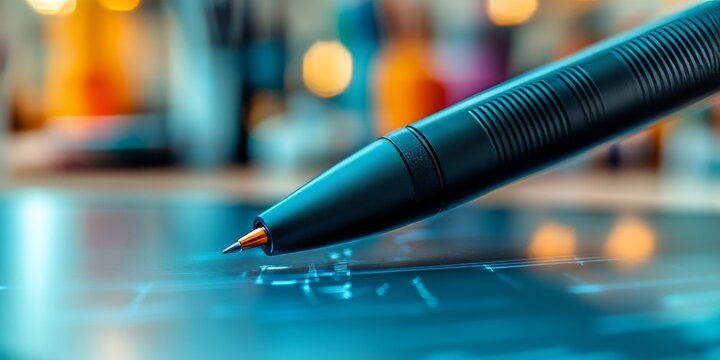 Pen pointing to tablet displaying futuristic circuit board design