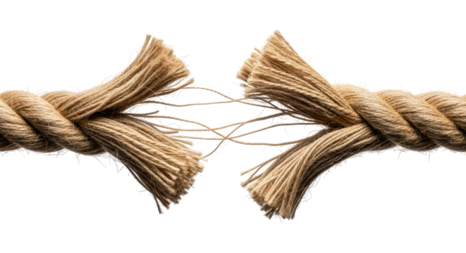 Broken Rope Under Tension With Fraying Fiber Details, Cut Out, Clipping Path, Isolated on a Transparent PNG Background.