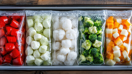 Frozen mixed vegetables and seafood assortment clear vacuum bags neatly lined drawer, cold texture and bright colors evoke freshness
