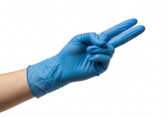 Hand in blue disposable medical glove making peace or victory gesture, two fingers up, isolated for health and safety concepts