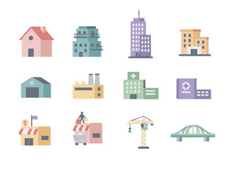 Pastel colored vector icon set of buildings and architecture- house, apartment, sky