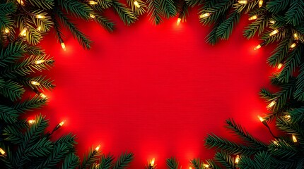 Red Christmas background with a decorated Christmas tree and festive holiday ornaments