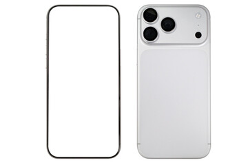 Isolated smartphone with a blank front screen and back side featuring three camera lenses