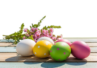 Colorful decorated eggs and spring flowers on a wooden table for an Easter celebration in bright daylight