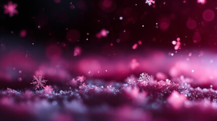 A detailed macro photograph of delicate snowflakes, glowing with a vibrant pink hue against a dark backdrop, creating a magical ambiance.