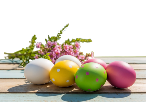 Colorful decorated eggs and spring flowers on a wooden table for an Easter celebration in bright daylight - Powered by Adobe