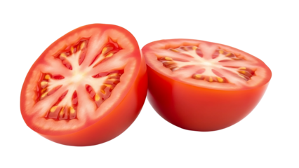 Close up of two halved ripe red tomatoes isolated on transparent background